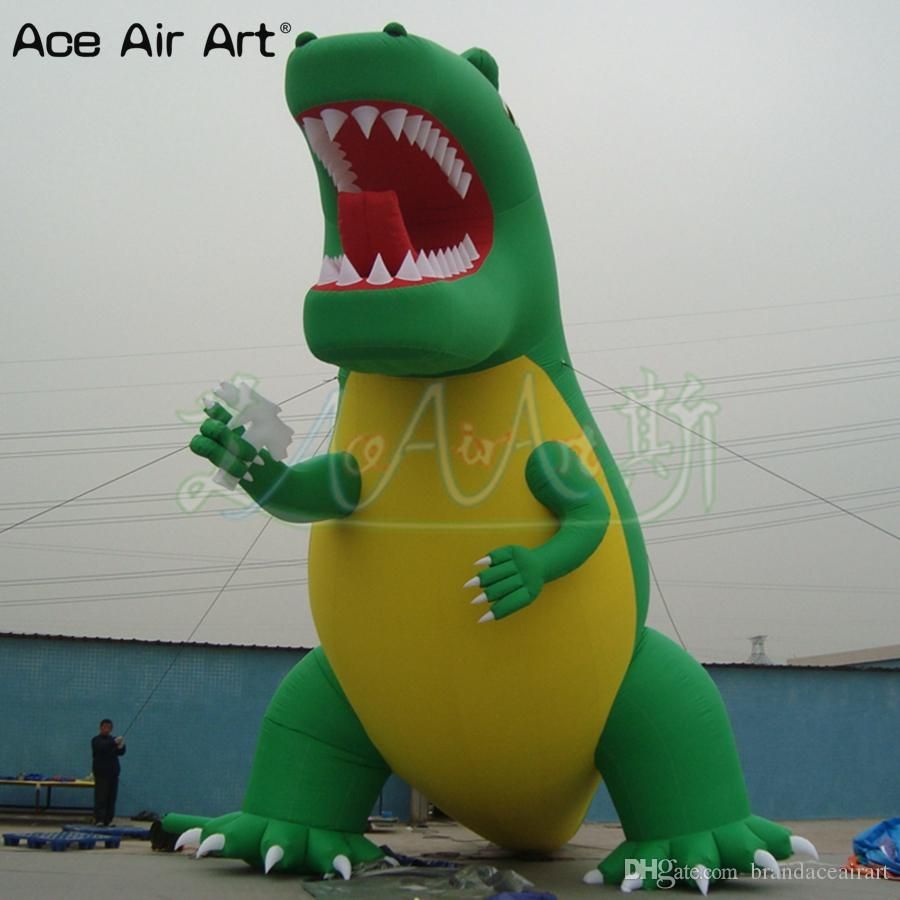 Unbelievable Green Animal Model Inflatable Dinosaur Cartoon Character  Fireworks Dragon with Gun in Hand for Promotion Party
