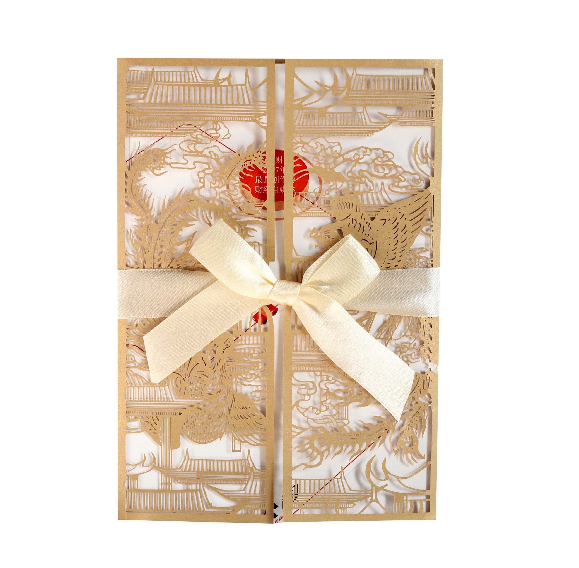 laser cut wedding invitations customized ancient pavilion phenix bows ribbon folded wedding invitation cards with envelopes bw hk156 pocket ribbon for invitations