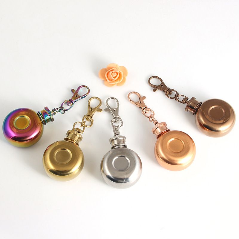 Mini Hip Flask Keychain Stainless Steel Portable Solid Color Round