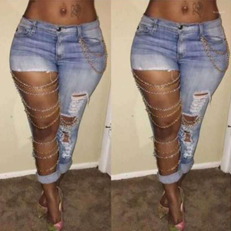 Jeans moda Color sólido agujero con paneles para mujer lápiz pantalones Casual mujeres cadena con