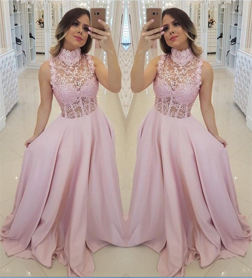 baby pink lace prom dress