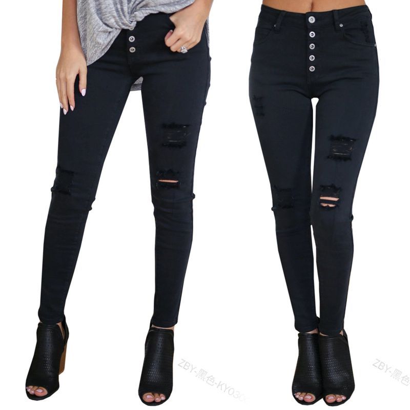 QMGOOD Pantalones rotos de cintura alta negros para mujeres 2019 Pantalones de primavera Pantalones