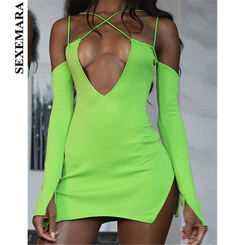 Wholesale Neon Green Sexy Bandage Dress Off Shoulder Deep