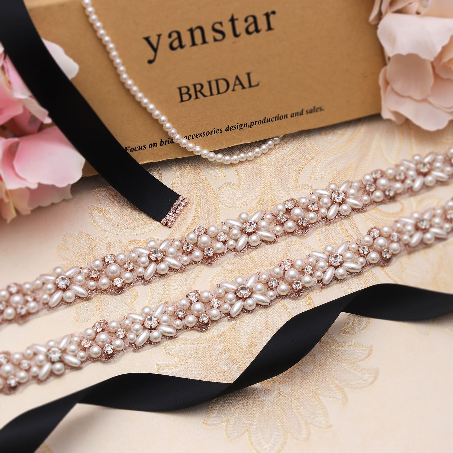 Perlas nupciales hechas a mano Cristal Vestido de novia Cinturones Rose Gold Perlas Crystal Applique Coser en bata nupcial Sash YS803 Perlas nupciales hechas a mano Cristal Vestido de novia Cinturones Rose Gold Perlas Crystal Applique Coser en bata nupcial Sash YS803
