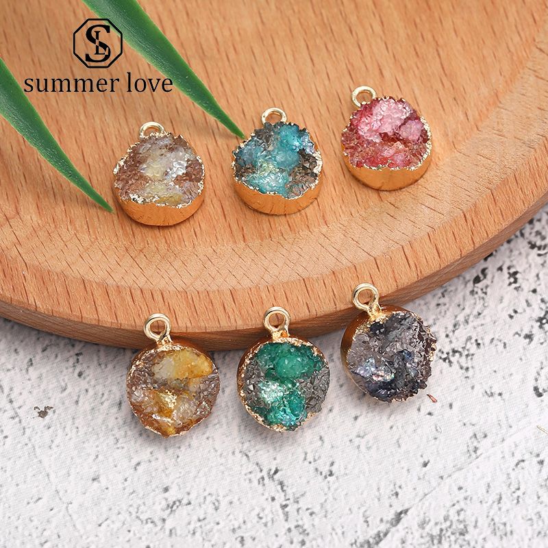 2020 Trendy Resin Druzy Round Stone Pendant Charms Gemstone With Gold