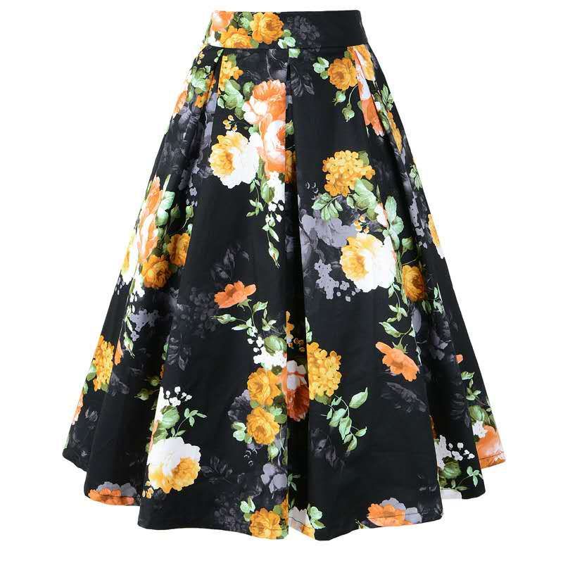 Estilo de moda para mujeres, falda vintage con estampado de los años 50 y falda