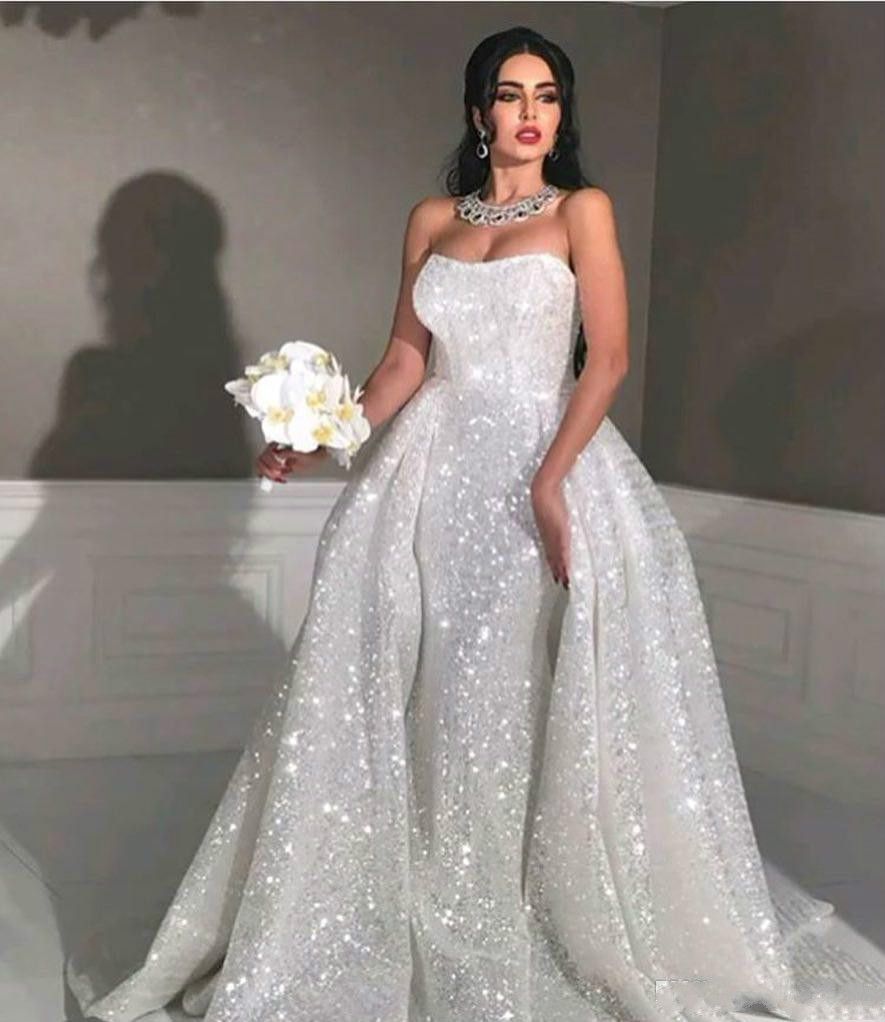 Compra Glitter Mermaid Style Vestidos De Novia Árabe Con Tren Desmontable,  Sin Tirantes, Cariño, Lentejuelas Completas, Más Tamaño, Blanco, País, Novia  2019 Barato | Entrega Rápida Y Calidad | Es.Dhgate