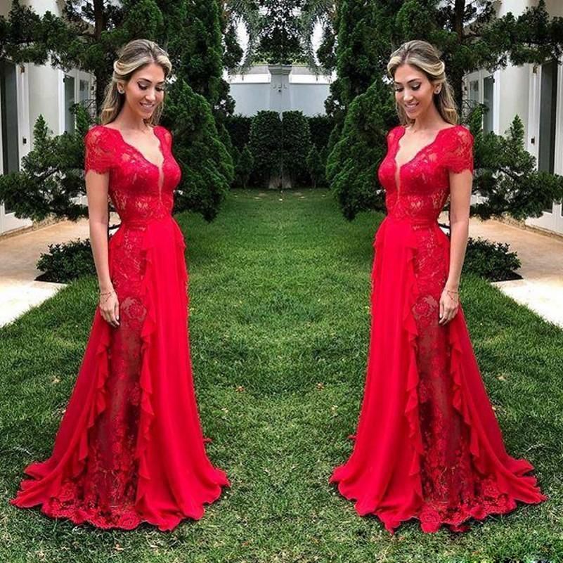 Compra El Más Nuevo Rojo A Line Vestido De Noche Largo Cuello En V Gorra  Manga Corta Vista Posterior Vestido De Fin De Curso Vestido Largo De Gasa  Bohe Para Mujer 2019