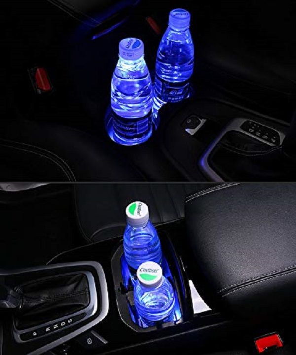 2 Pcs Universal Interior Atmosphere Lights RGB LED Car Cup Holder Pad Mat Auto 