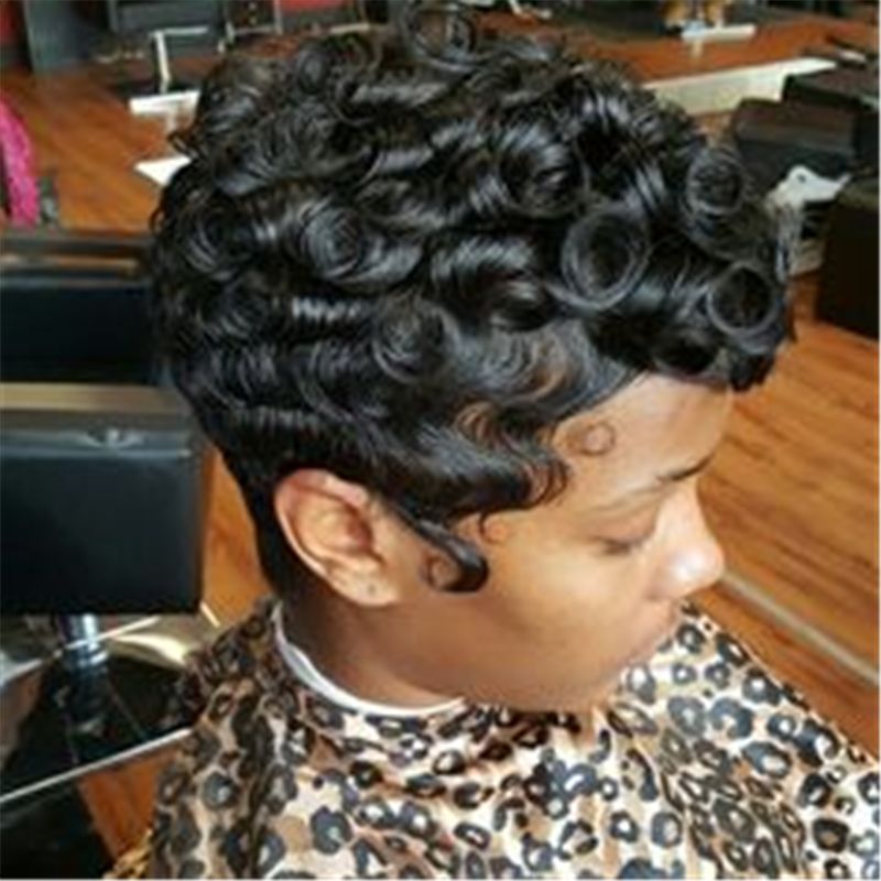 100 human hair wig short curly black pixie cut hair wigs