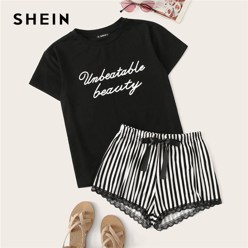 Acquista Shein Black Letter Print Top E Pizzo Trim Pantaloncini A Strisce  PJ Set Estate Pigiama Donne Casual Sleepwear Sleepwear Nightwear Pigiama  Set CX200703 A 13,89 € Dal Goodday57 | It.DHgate.Com