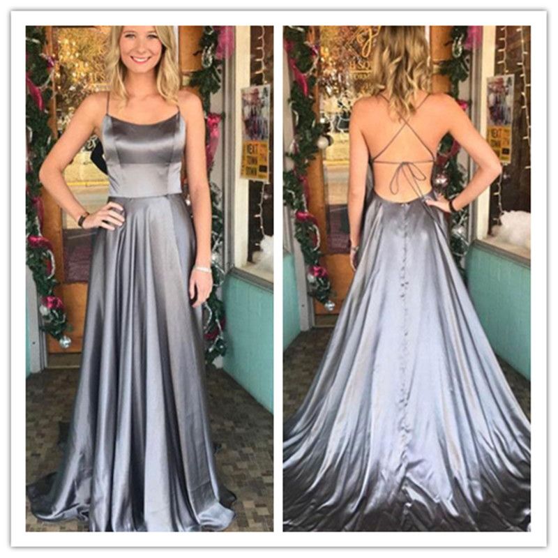 Grey Satin Spaghetti Strap Sexy Prom Party Dress Cheap Long