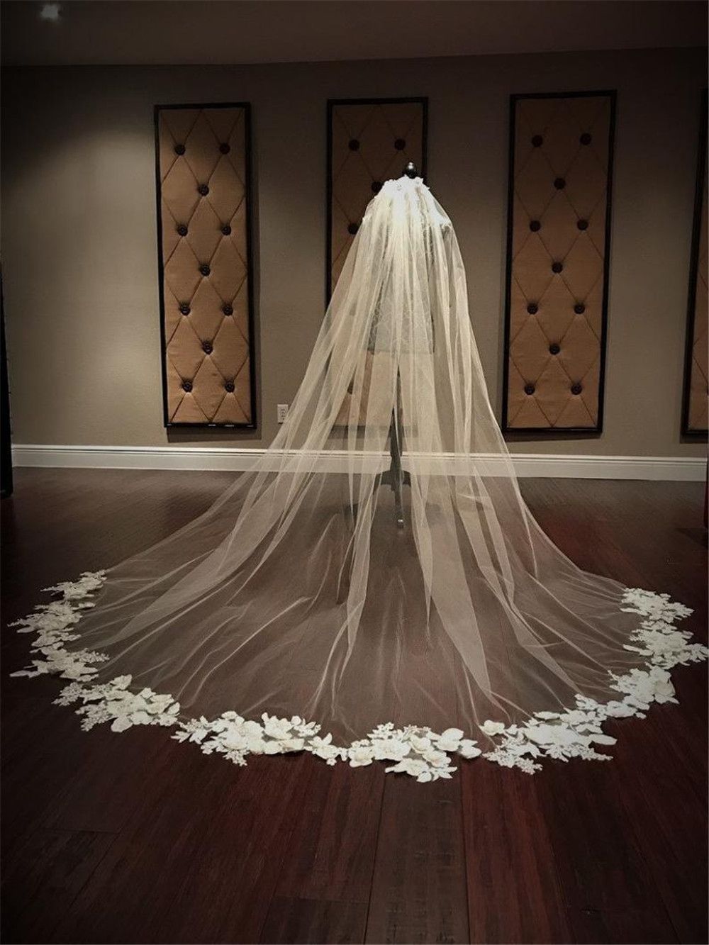 Cathedral Length Flower Veil Bridal Applique Wedding Veil Ivory