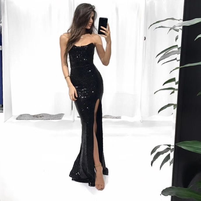 Compra Elegante Robe De Soiree Vestidos De Noche Largos Con Lentejuelas  Negros Con Abertura Lateral Sin Mangas Vestido De Fiesta Sin Tirantes Con  Cordones Vestidos De Fiesta De Sirena Barato | Entrega