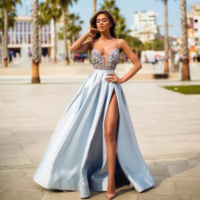 Compra Vestidos De Fiesta Sky Blue Satin Vestido De Noche 2021 A Line Sexy  High Split Top Top Long Long Prom Straps Real Po Vestidos De Gala Barato |  Entrega Rápida Y