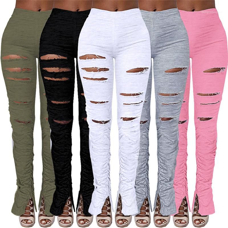 2020 Pants Shredded Solid Color Split Micro Pants Track Pants Females Fashion Causal Clothing 