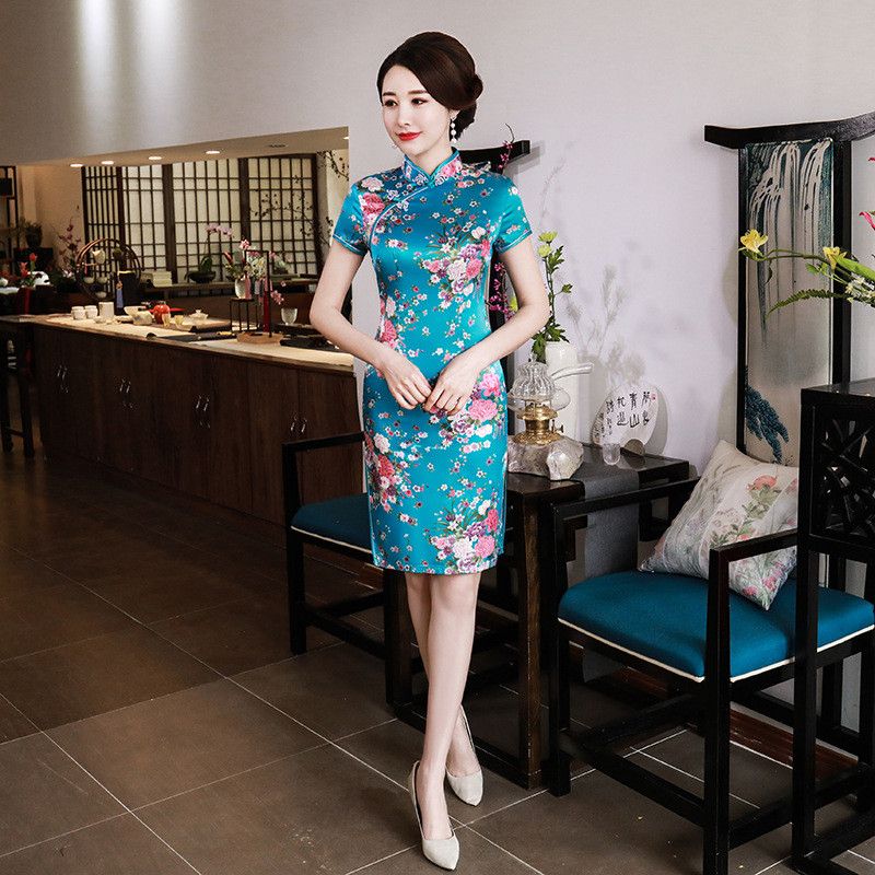 Classic Mandarin Collar Cheongsam Lady Chinese Style Dress Vintage ...