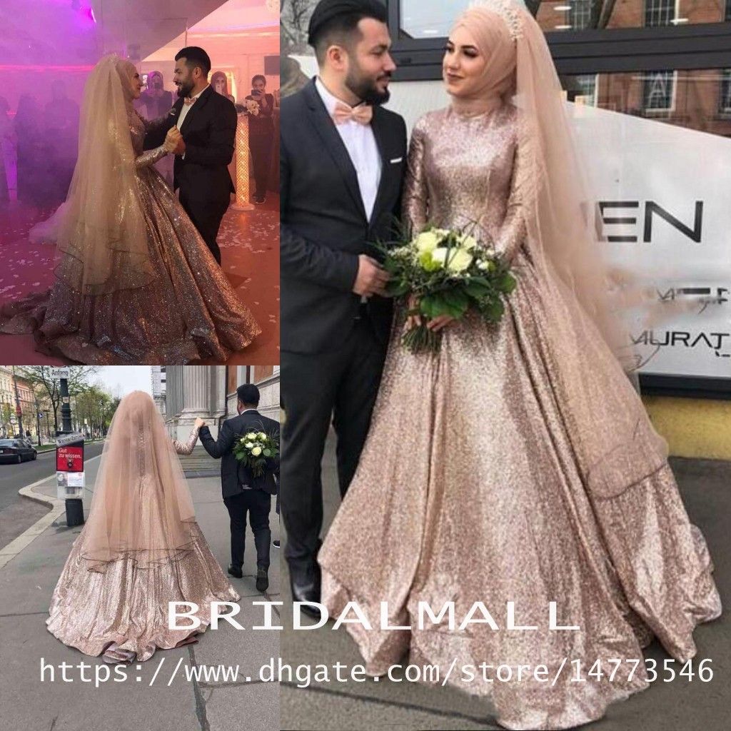 Discount High Neck Gold Sequined Muslim Wedding Dresses 2019 Long