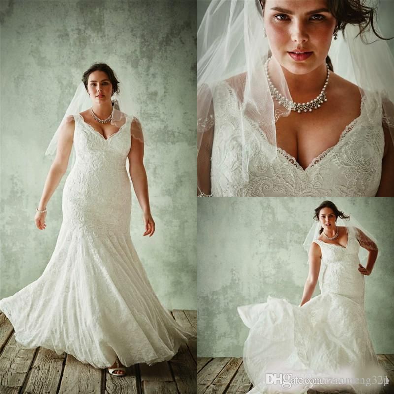 Plus Size Mermaid Wedding Dresses V Neck Full Lace Bridal Gowns Floor