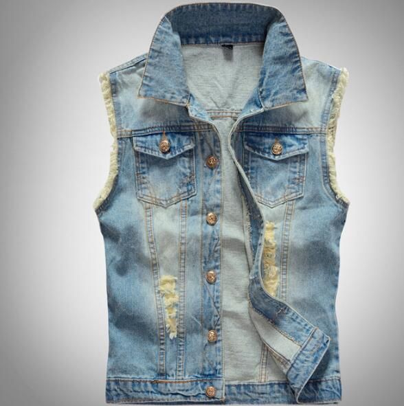 Frieed Mens Plus Size Washed Sleeveless Ripped Button Down Denim Vest Frieed Mens Plus Size Washed Sleeveless Ripped Button Down Denim Vest