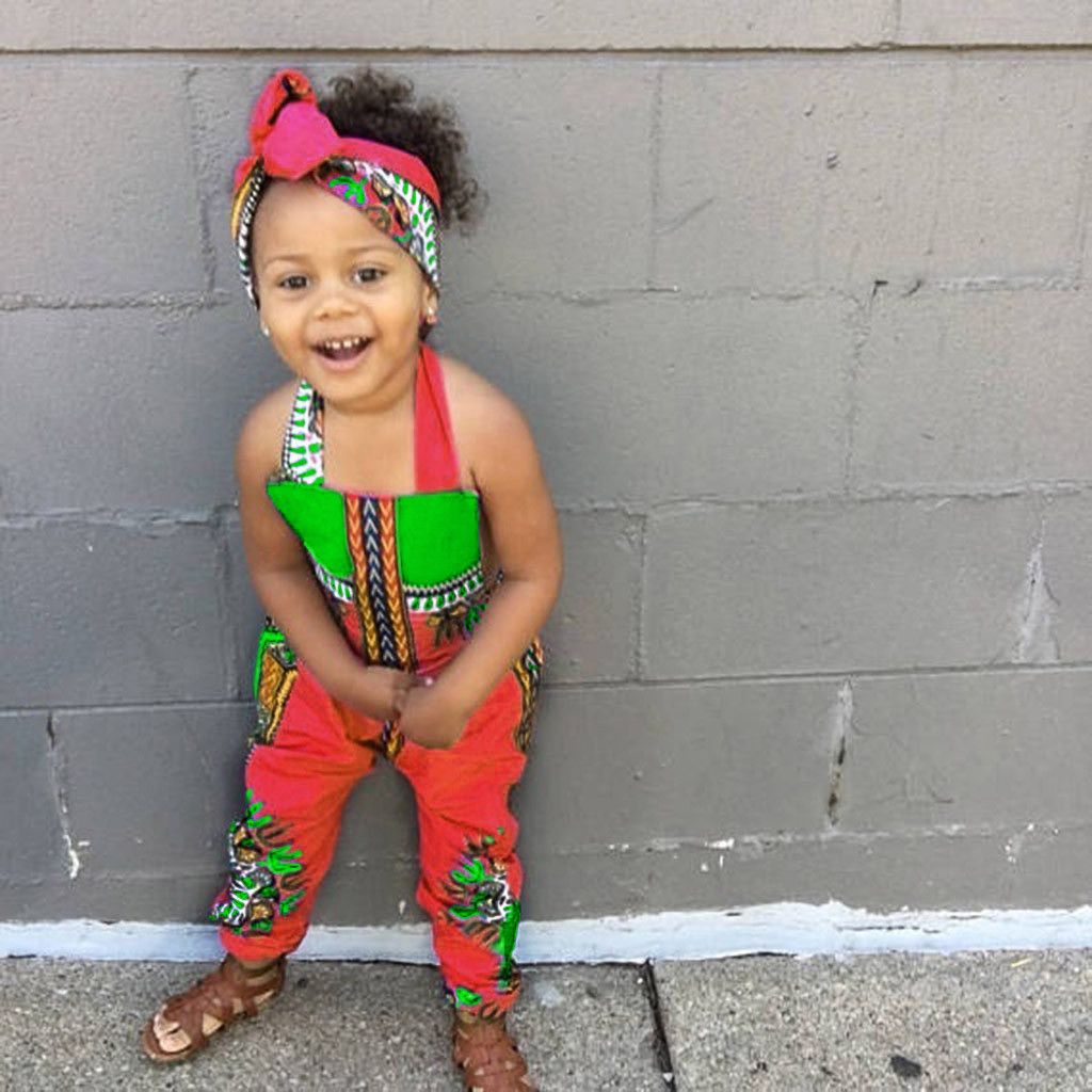 2PCS Toddler Kid Baby Girl African Print Sleeveless Romper Headband Jumpsuit Set