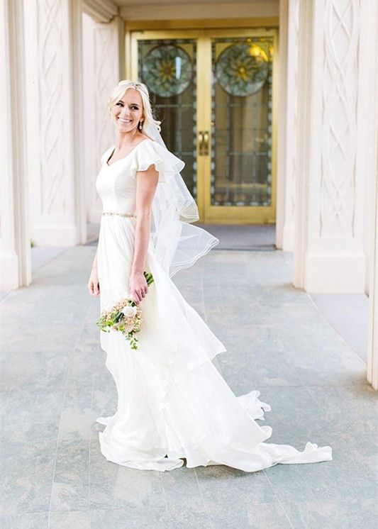 Discount 2019 Simple Capped Short Sleeves Country Wedding Dresses