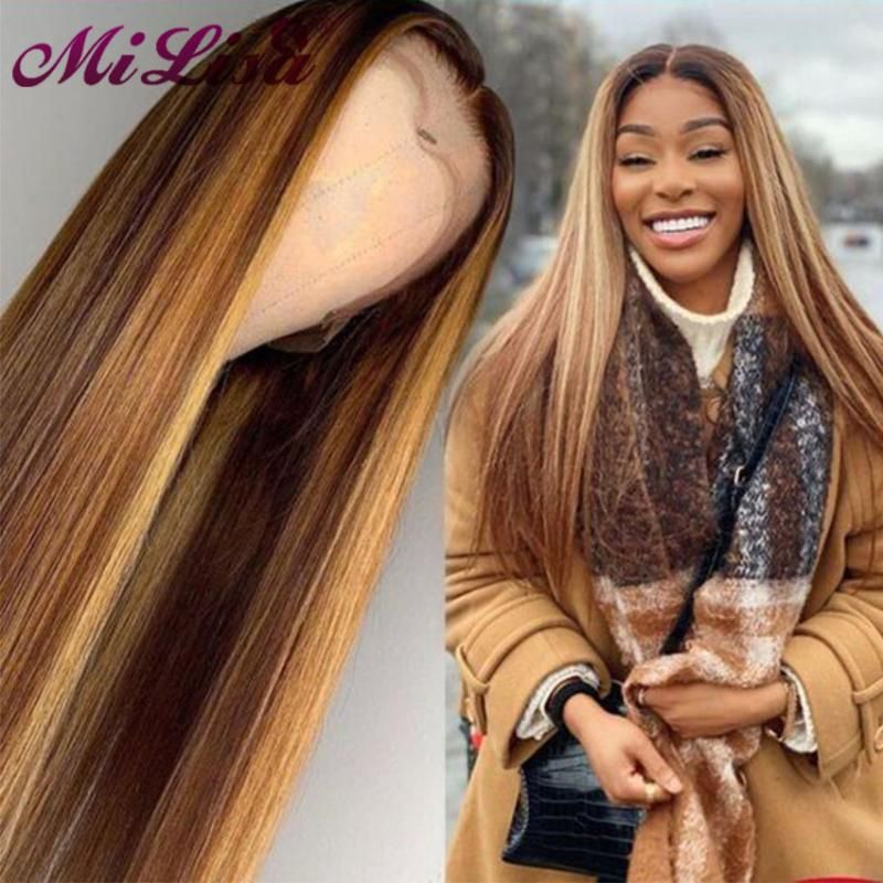 Lace Wigs Ombre Highlight Human Hair Wig Brown Honey Blonde Colored 13x6  Front For Black Women Remy Straight 13x4 Frontal