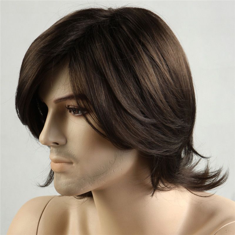 Hombres Corto Pelucas Sintéticas Negro Natural Color Ondulado Del Pelo Corto Pelucas De Hombre Recto Sintético Negro De Pelo Para Hombre De Peluca Sin Tapa Resistente Al Calor De 14,01