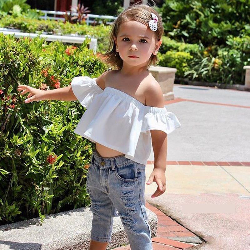 Baby Girls Off shoulder Crop Tops+Hole Denim Jean Headband Toddler Kid Outfits