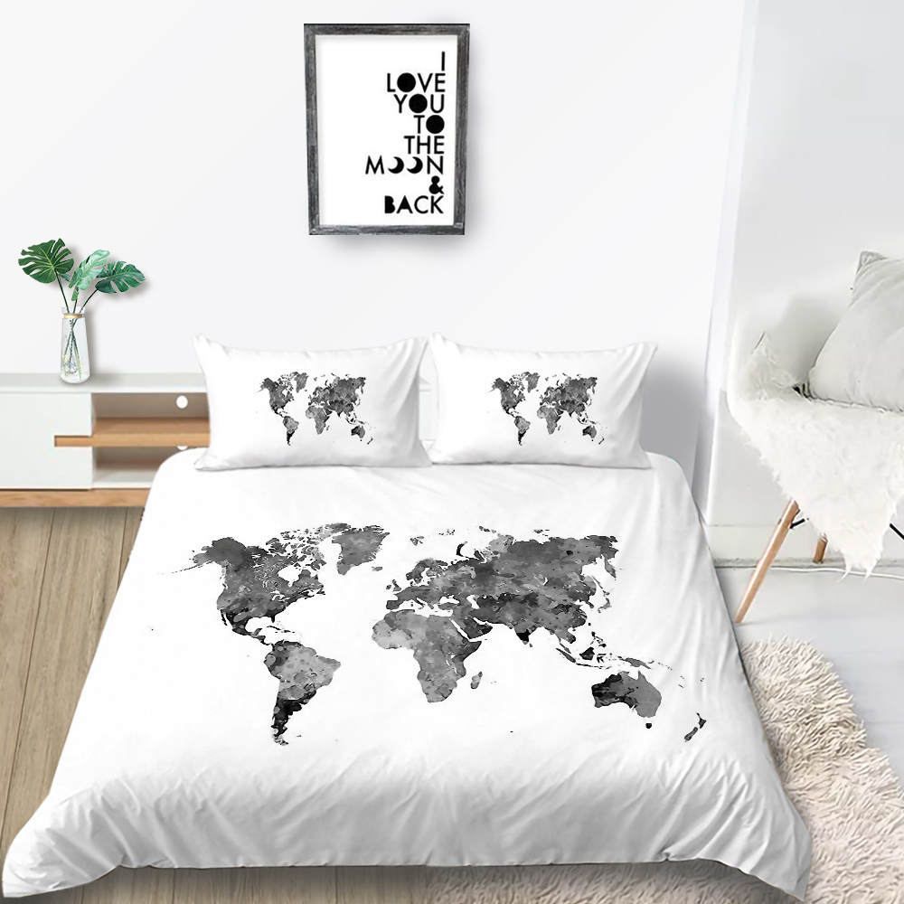 World Map Bedding Set Creative Fashionable White Duvet Cover Queen