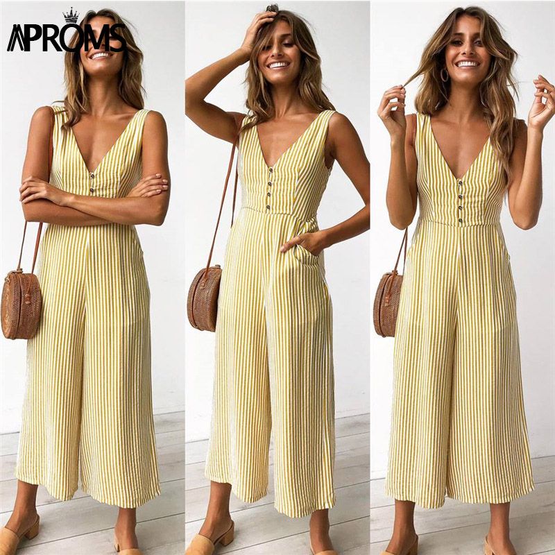 striped v neck jumpsuit