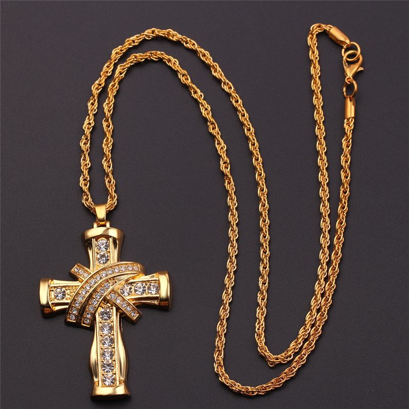 Lutos Fashion Plated Stainless Steel Cross Necklace Rhinestones Cross Pendant Necklace Jewelry for Men Women