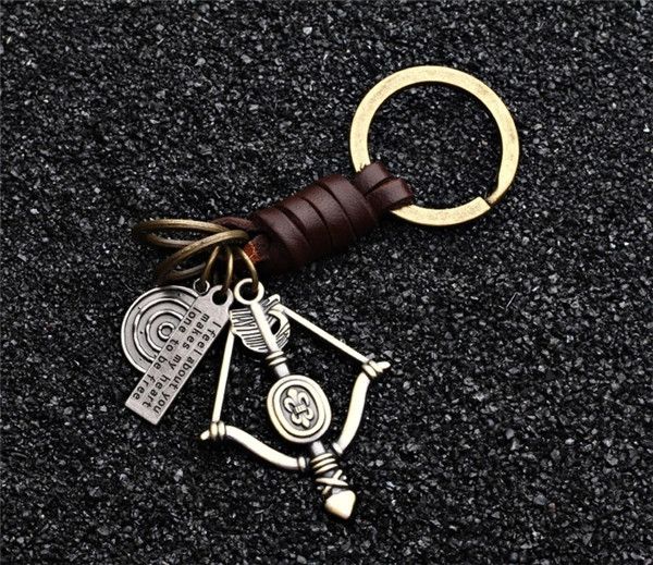 Men Alloy Bow And Arrow Keychains Retro PU Leather Key Rings Keyfob Car Accessories Charm Gift