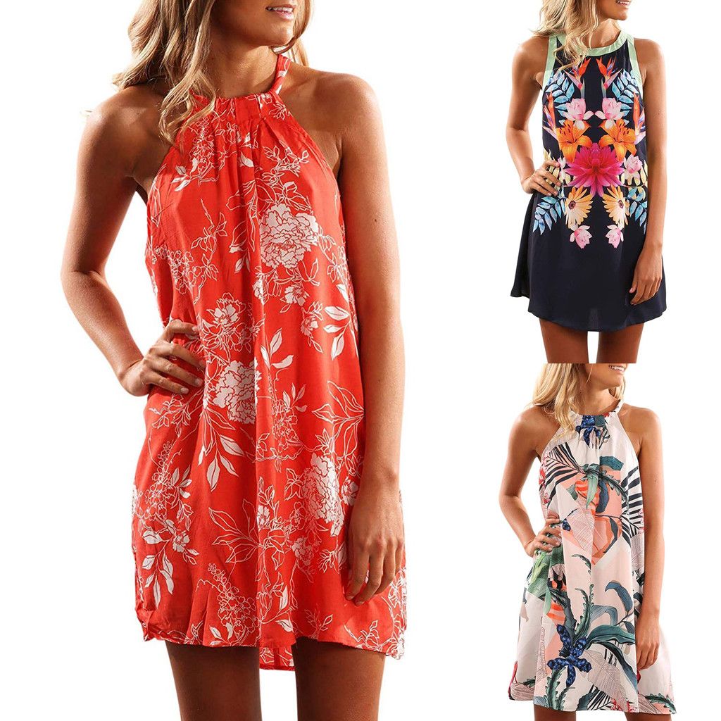 Compre Mulheres Vestidos Sem Mangas Halter Pescoço Floral Imprimir Casual Verão Mini Vestido Moda Praia Vestidos 2019 Senhoras Vestido Dropshipping De Uinfashion, $40,27 | Pt.Dhgate.Com