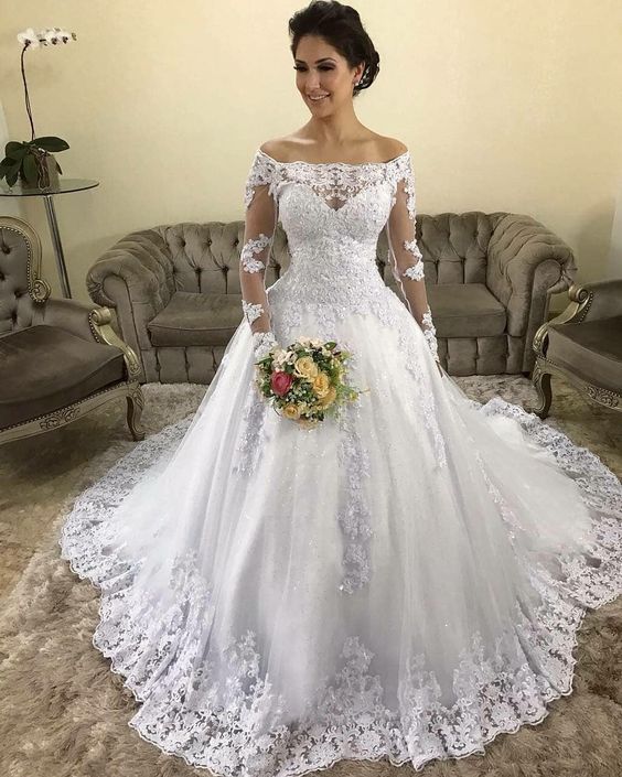 Modernos vestidos de novia de manga larga 2019 Nuevo fuera del Apliques encaje