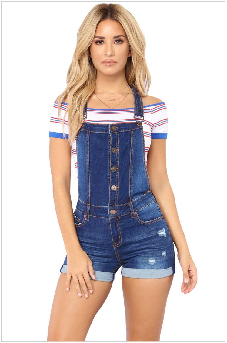 Short Denim Overalls Women Hole Short 