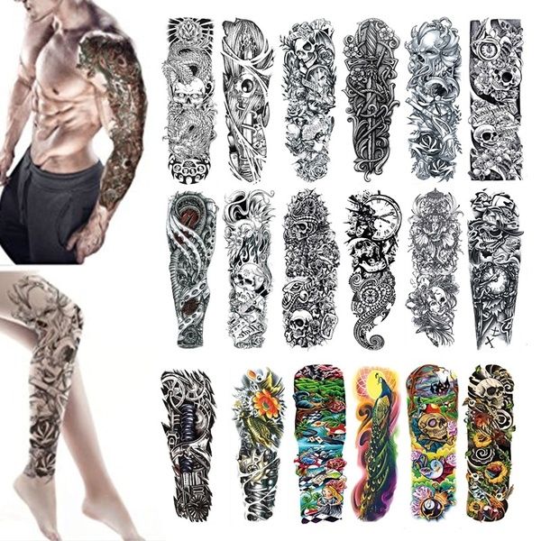 Acheter Manchette à Manches Longues Tatouage Tatouage Temporaire Imperméable Autocollant Crâne Ange Rose Lotus Hommes Pleine Fleur Tatoo Autocollants