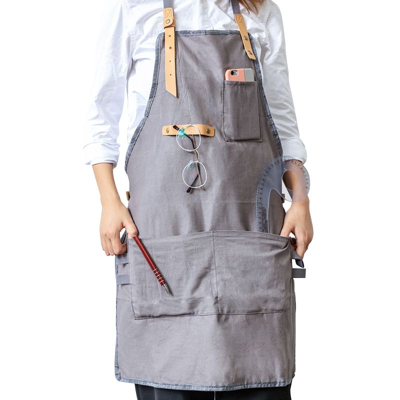 BBQ Creative Senior Cotton Apron Bib Leather Straps Kitchen Apron For Women Men Cooking
