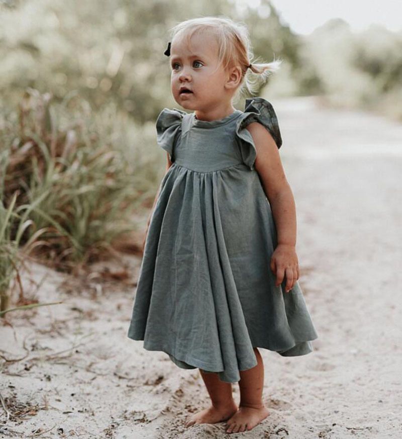 Enfant bébé fille à volants solide lin Elegant Princess Party robe de vêtements 