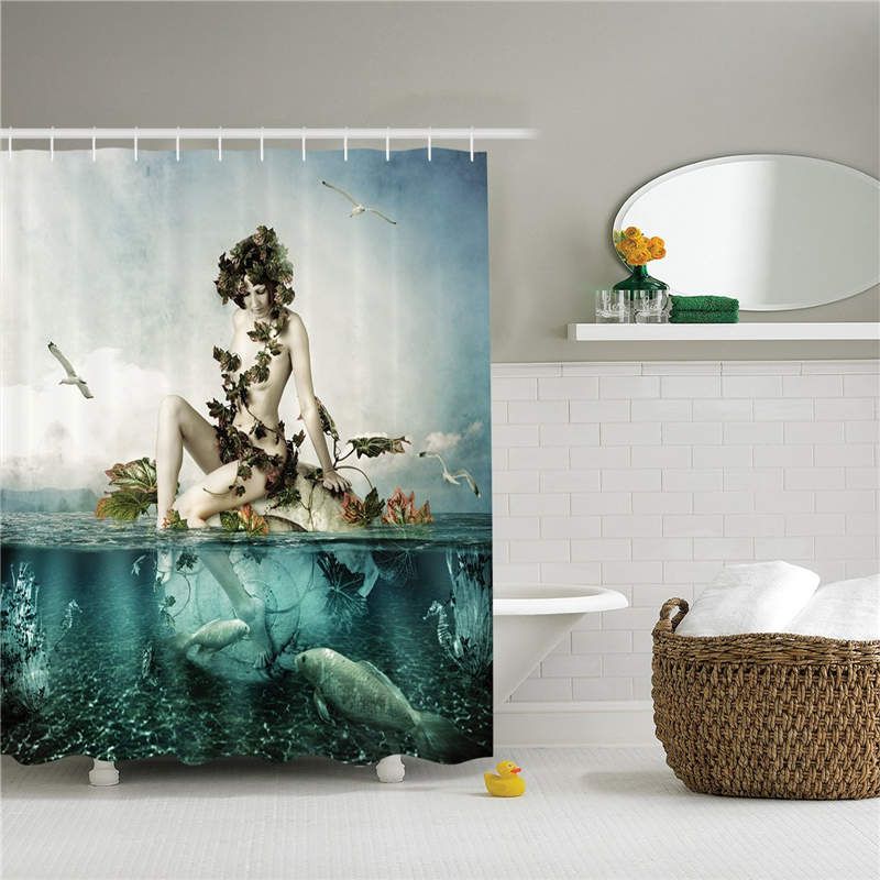 2019 Mermaid Shower Curtain Set Woman Sitting On A Shell Birds