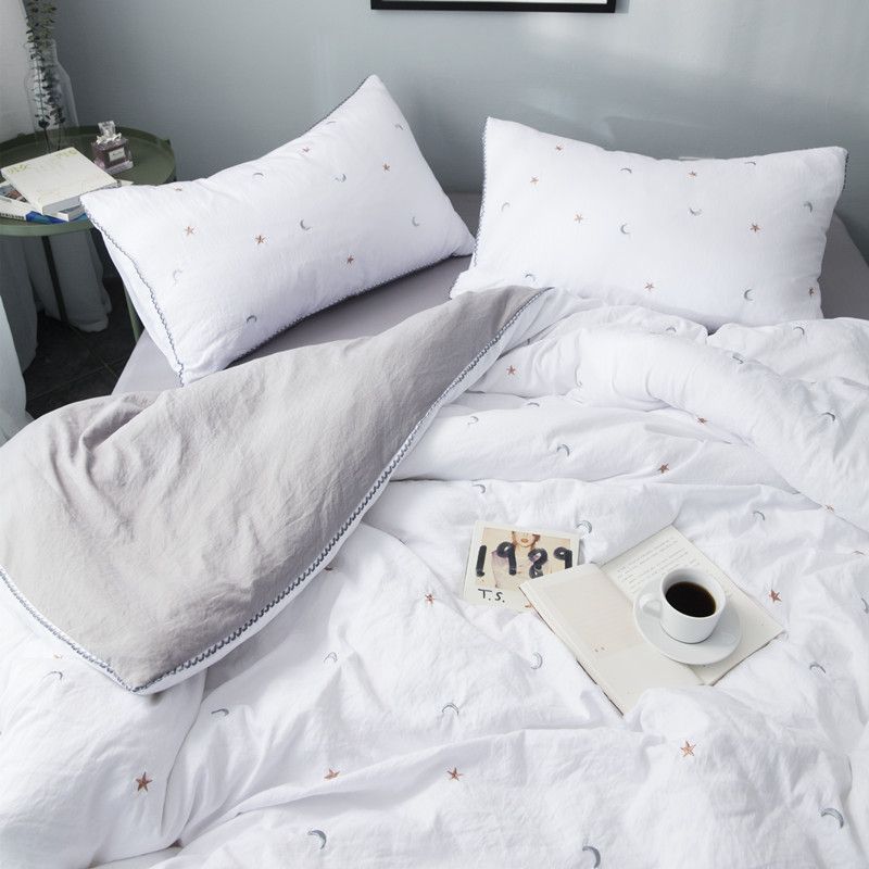 White Duvet Cover Star Moon Embroidered Washed Cotton Bedding Sets