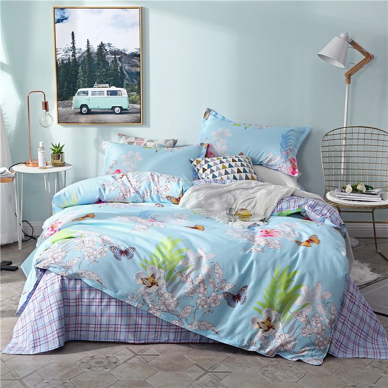 Blue Flower 3 Bedding Sets Girls Bed Cover Set Cartoon Duvet Cover