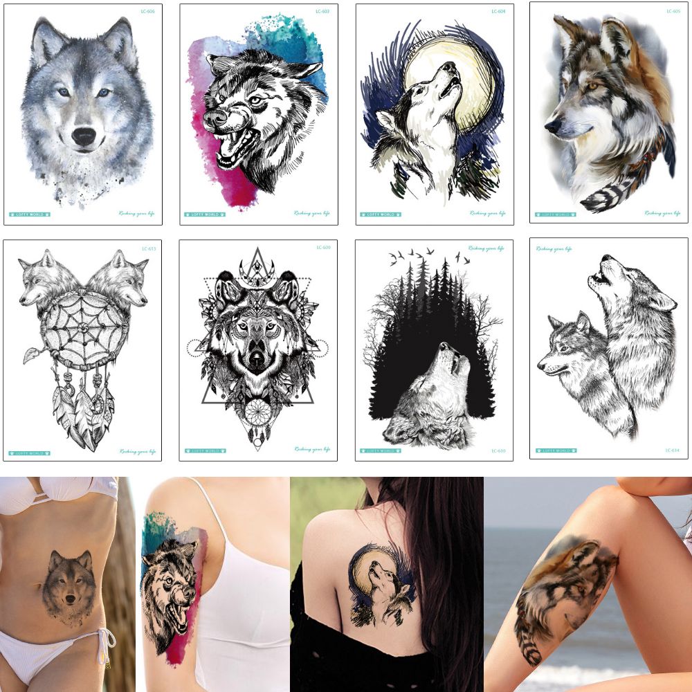 Black Ferocious Wolf Temporary Tattoo Sticker Body Art Drawing Moon Roar Dreamcatcher Design Fake Tattoos Decal Transfer Paper For Man Woman Temporary