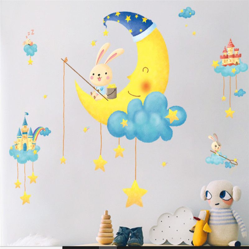 غرفة الأطفال الكرتون ملصقات الحائط ديكور غرفة نوم السرير جدار القمر أرنب لاصقة ستار ملصقات رياض الأطفال النفس من عند Cn Home 118 16ر س Kr Dhgate Com
