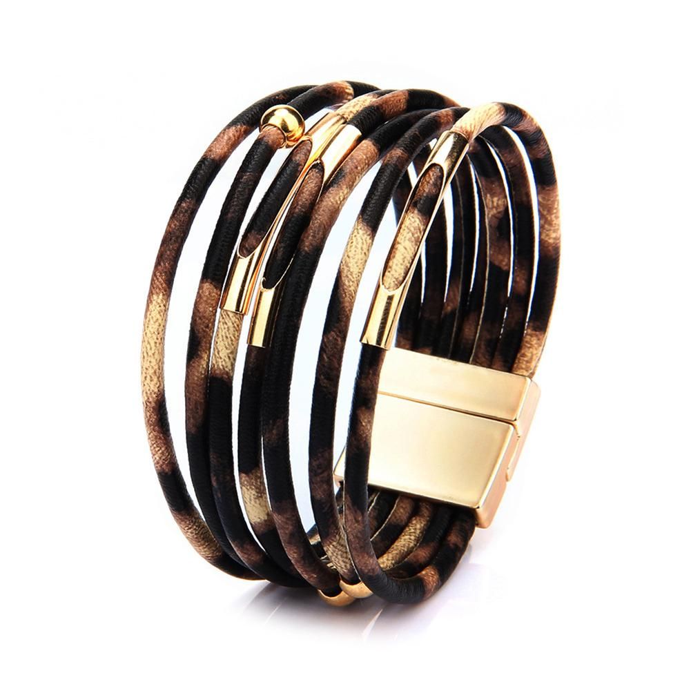 Women Muti Layer Leopard Faux Leather Metal Pipe Charm Magnetic