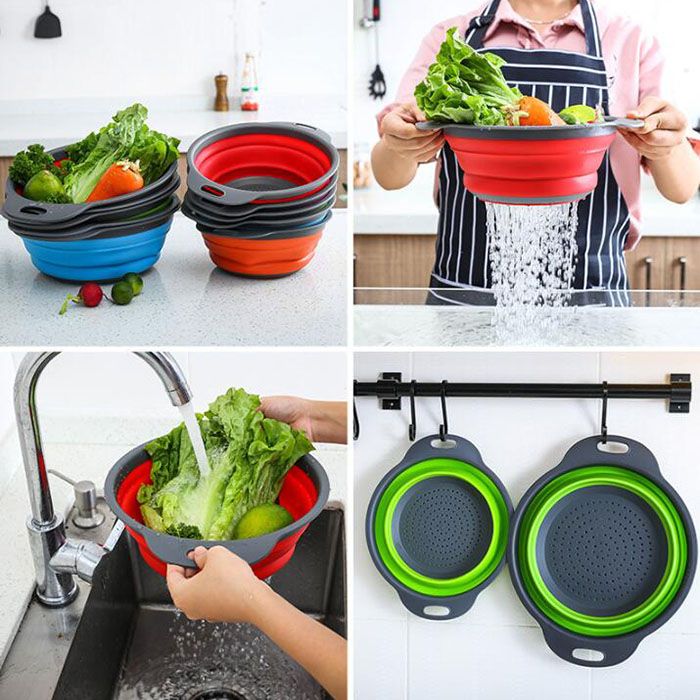 Kitchen Collapsible Foldable Silicone Colander Fruit Vegetable Strainer Basket 