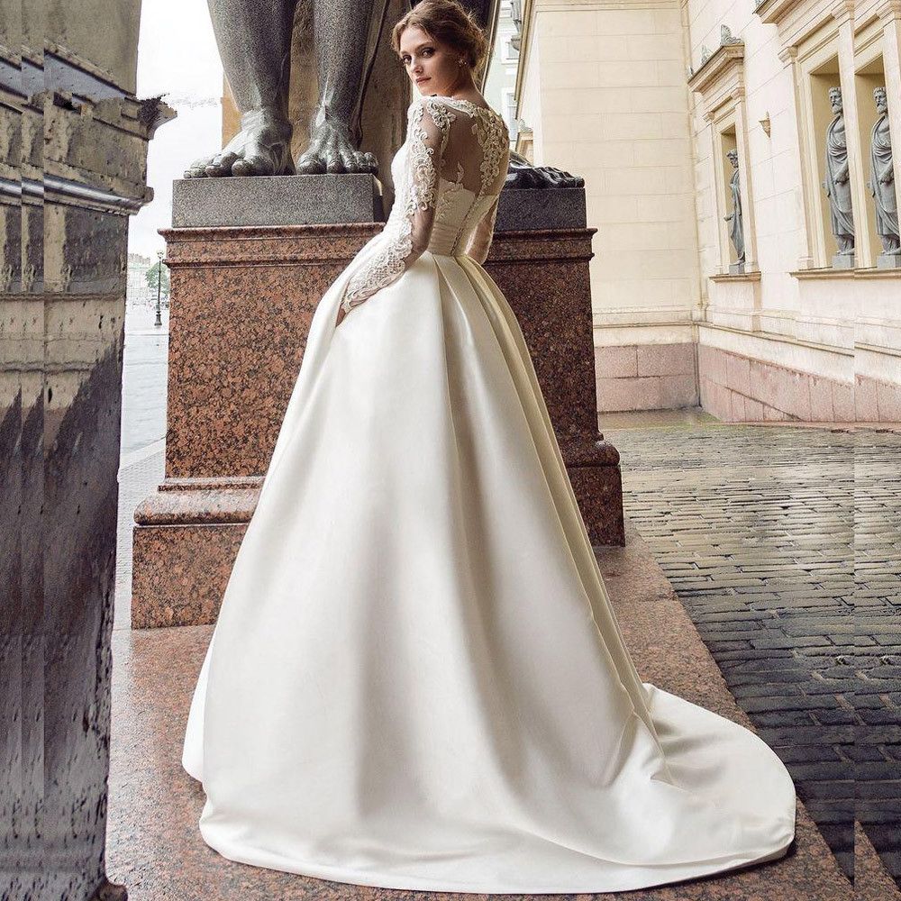 Compra Vestidos Elegantes De La Boda De Raso Una Línea Pura De Manga Larga  De Encaje De Tul Apliques De Barrido Tren Vestidos De Novia De Novia  Vestidos De Boda Con Los