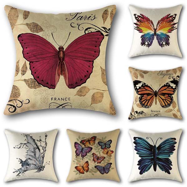 Butterfly Flowers Linen Cotton Throw Pillow Case Cushion Cover Home Sofa Decor