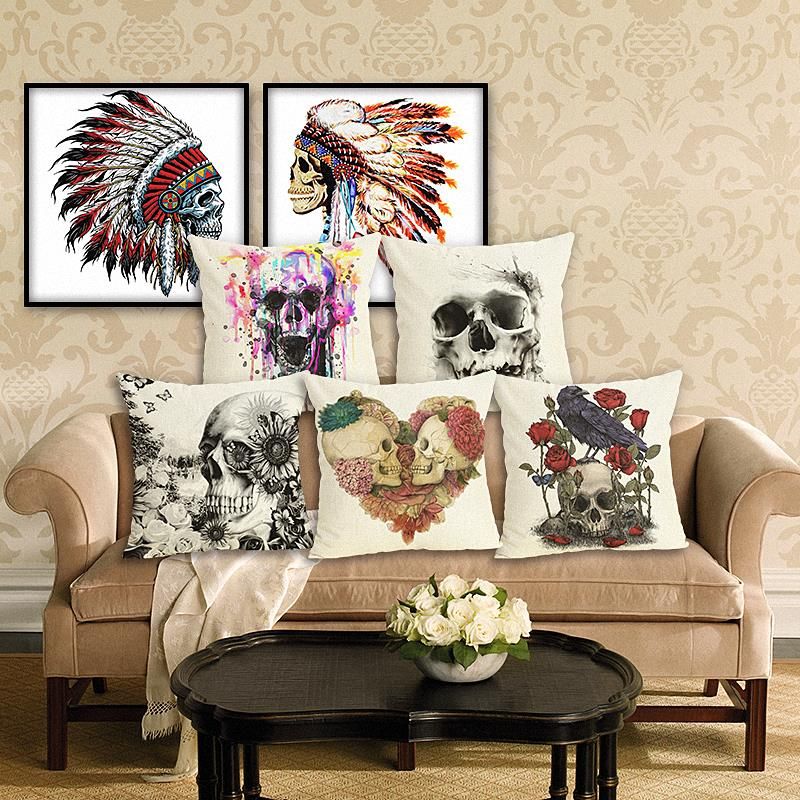 45cm Boho Punk Skulls Cotton Linen Fabric Throw Pillow 18inch Fashion Hotal Office Bedroom Decorate Sofa Chair Cushion Outdoor Patio Seat Cushions