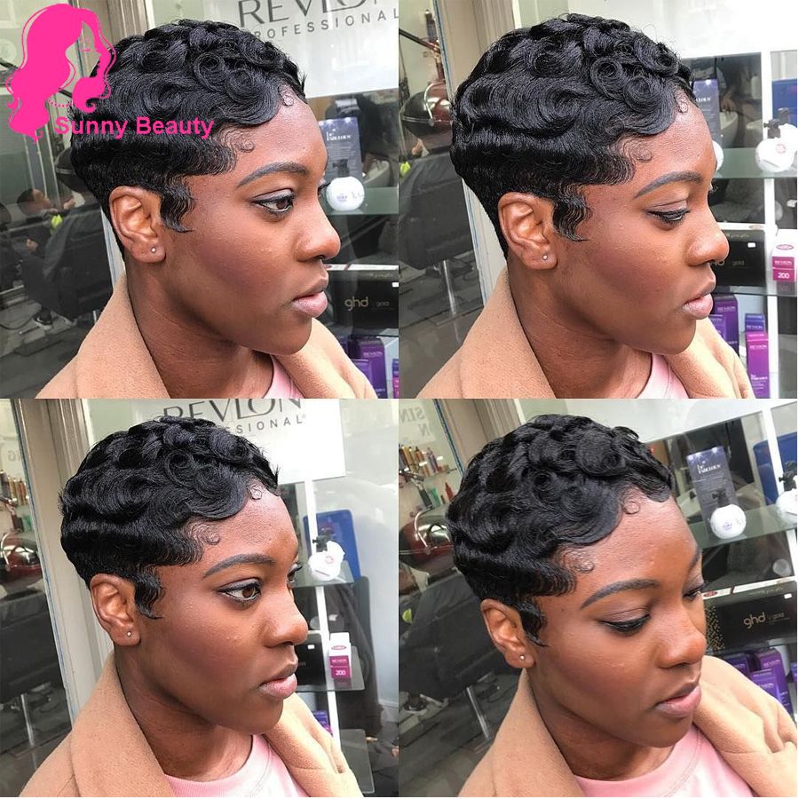 Remi Human Hair Finger Wave Women Short Wig Dark Brown 99j Curly